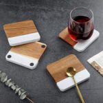 Personalized Acacia Wood & White Marble Coasters (4)