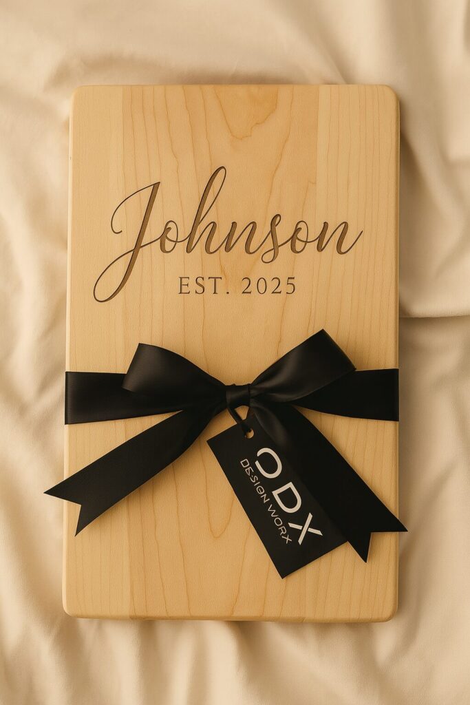 personalized cutting board with satin ribbon