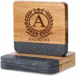 Personalized Acacia Wood & Black Marble Coasters (4)