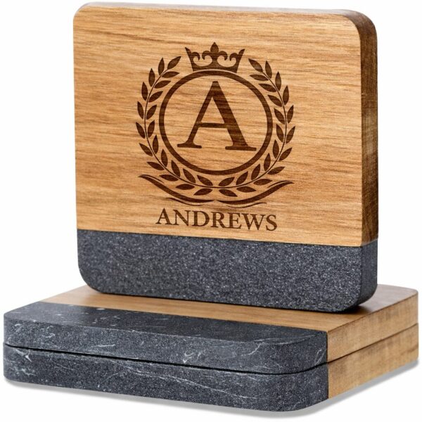 Personalized Acacia Wood & Black Marble Coasters (4)