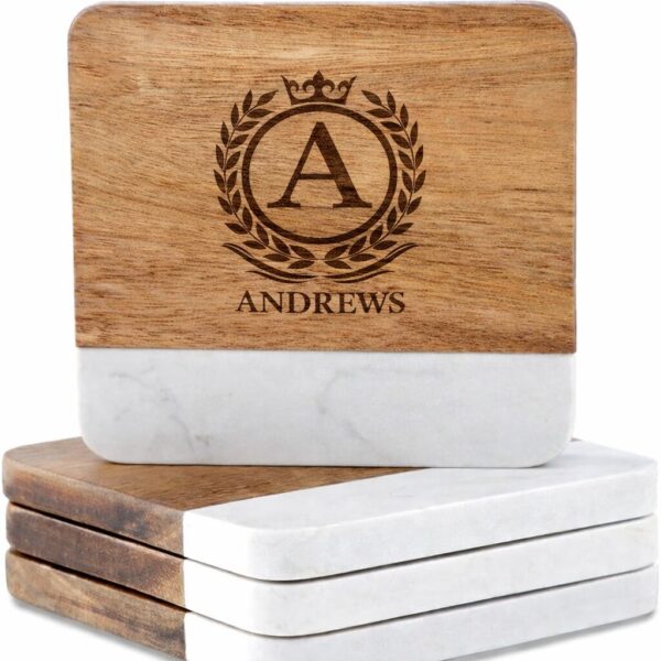 Personalized Acacia Wood & White Marble Coasters (4)