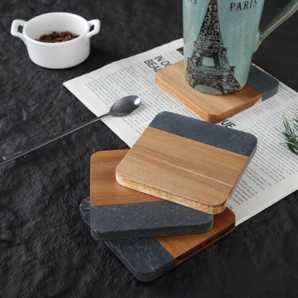 Personalized Acacia Wood & Black Marble Coasters (4)