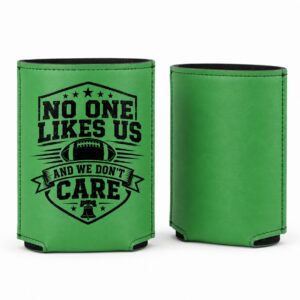 kelly green leatherette no one like us, and we don't care can cooler, game day drink sleeve, tailgate accessory
