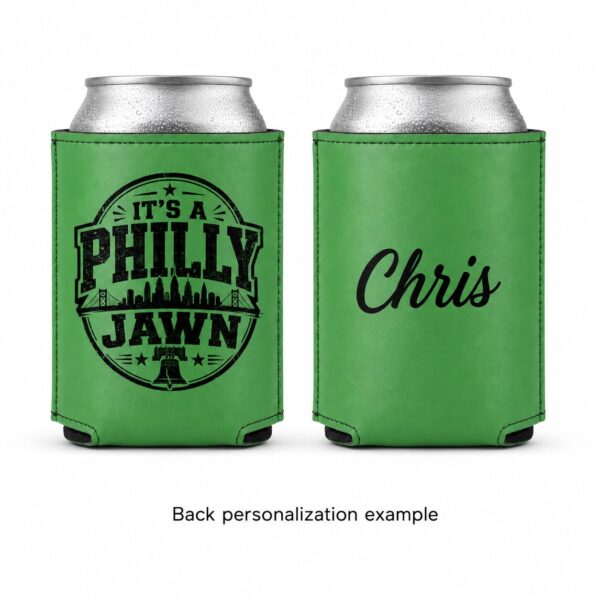 kelly green leatherette philly jawn can cooler Kelly Green Leatherette No One Like Us, And We Don't Care Can Cooler