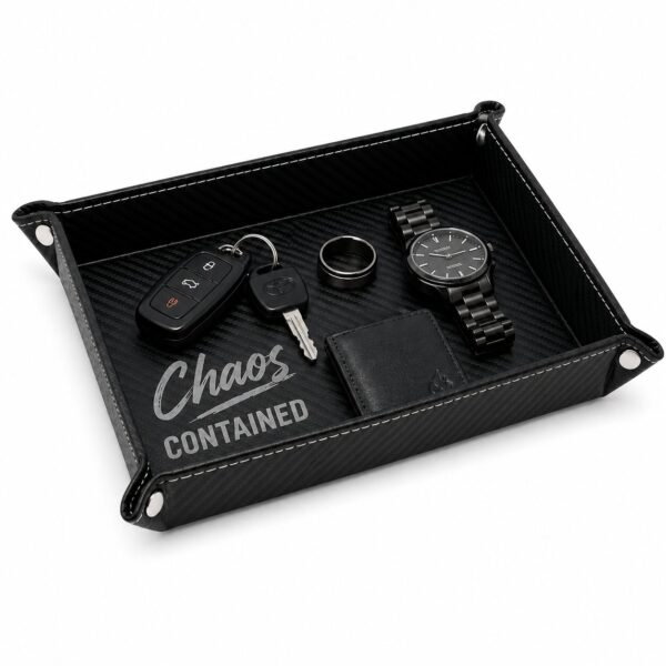 vegan leather valet tray | engraved "dad's sh*t tray" catchall organizer Vegan Leather Valet Tray | Engraved "Chaos Contained" EDC Organizer