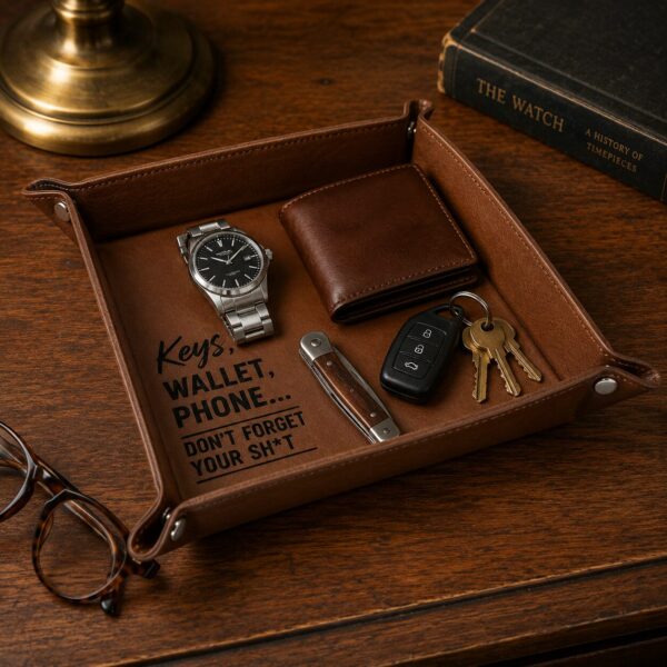 Vegan Leather Valet Tray | Engraved "Keys, Wallet, Phone… Don't Forget Your Sh*t" Catchall